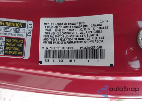 2012 Honda Civic Ex-L z USA, uszkodzony, nr VIN 2HGFG3B16CH533209